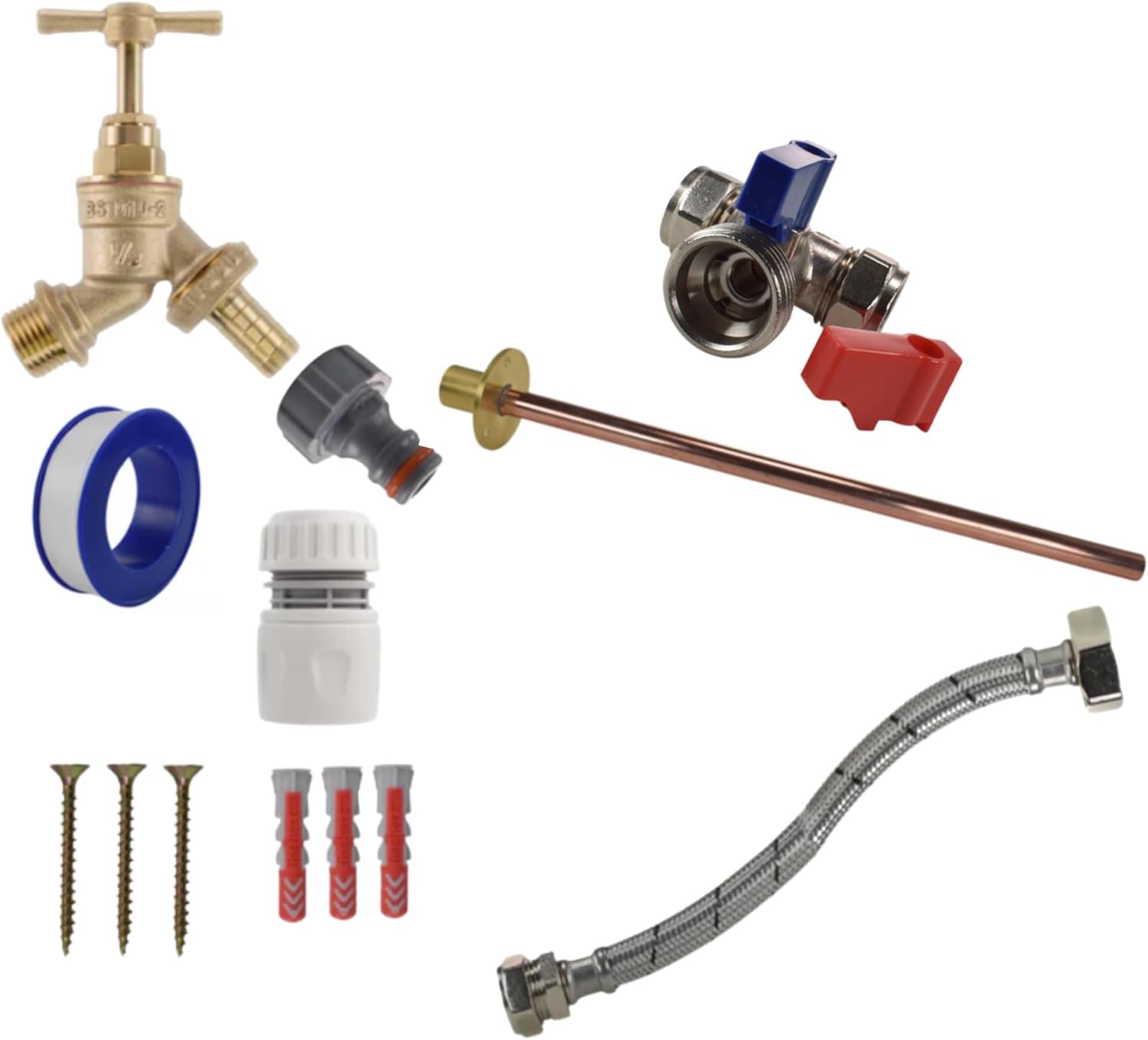 Complete Outdoor Tap Kit Brass Garden Bib Tap with Wall Plate, Flexi Hose, Isolating Tee, PTFE & Fixings - DIY Outside Tap Installation Kit for Hose, Jet Wash, Garden Water Access