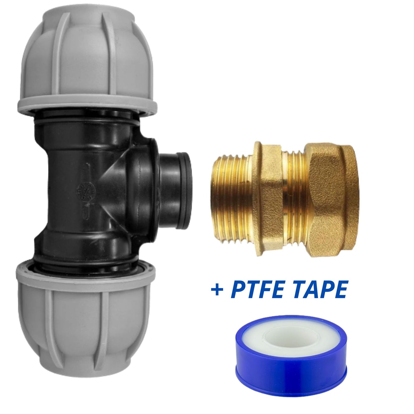 MDPE Fittings to Copper Adaptor Sets, including PTFE Tape - Straight, Elbow, Tee, Valve - 15mm 22mm 28mm 32mm Brass Compression