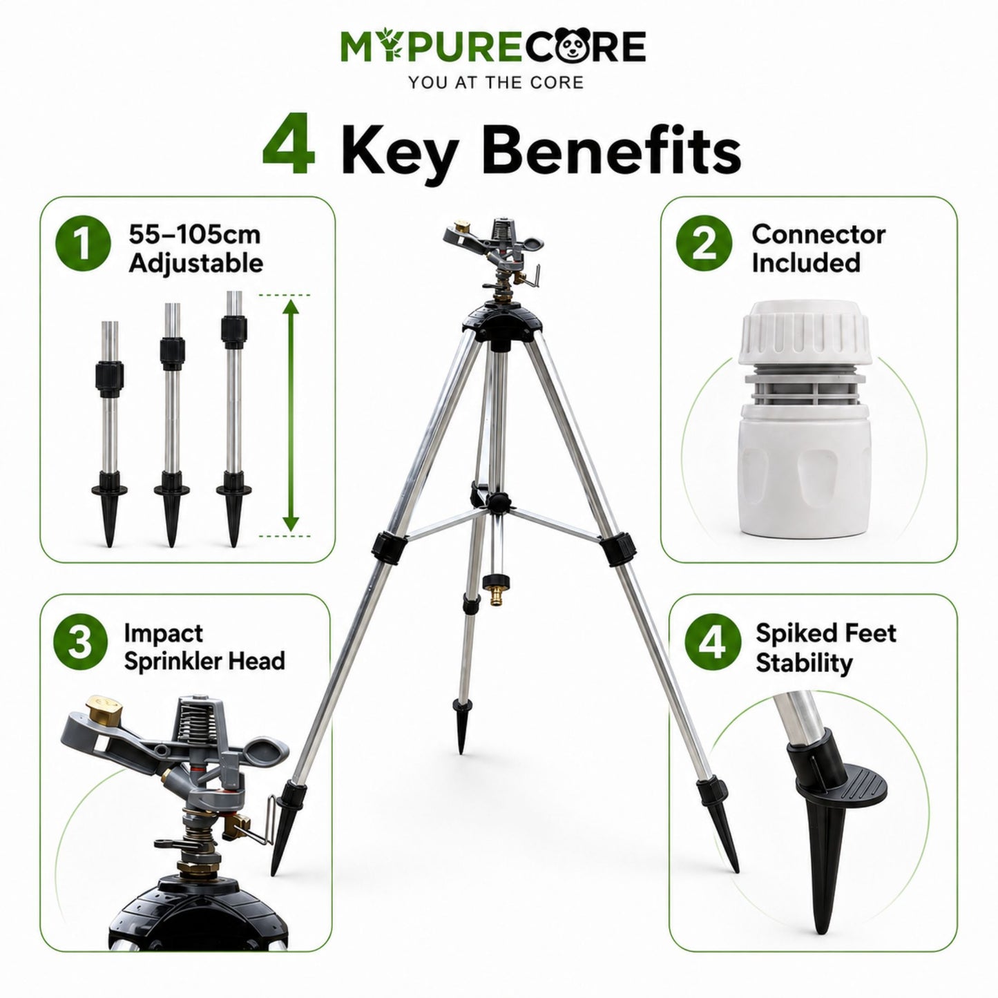 Aluminium Tripod Impact Sprinkler with Female Hose Connector, Adjustable 55-105cm Telescopic Garden Watering Stand with Spiked Feet for Lawns, Borders & Allotments