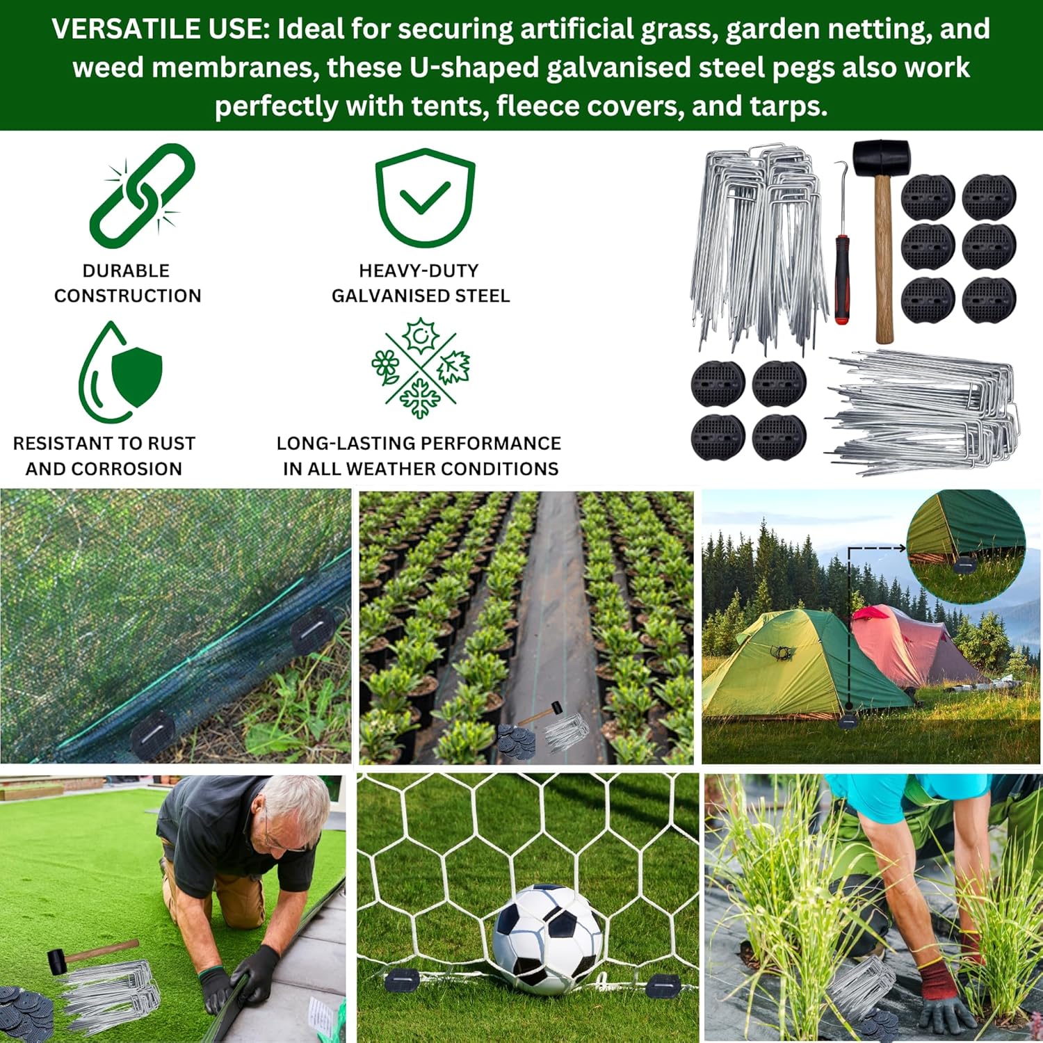 Garden Pegs with Rubber Mallet - 50 Pack Heavy Duty Galvanised Steel U-Shaped Ground Staples for Securing Weed Membrane, Artificial Grass, Fencing | Includes Hooks, Washers & Mallet
