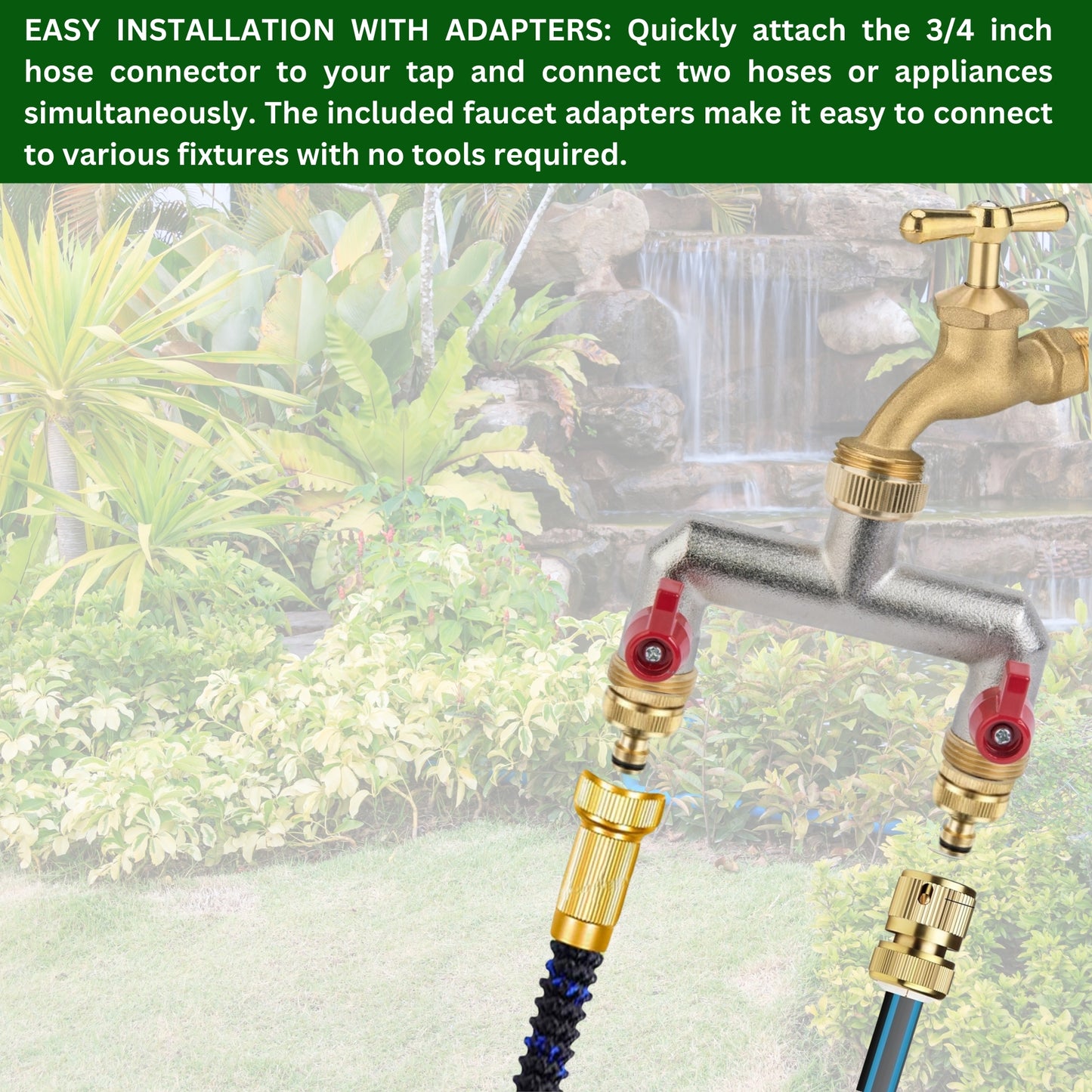 Brass 2-Way Garden Hose Tap Splitter with 2 Faucet Adapters & PTFE Tape – Durable 3/4" Outdoor Tap Connector with Individual Valves | Brass Hose Connector for Garden, Kitchen & Outdoor Use
