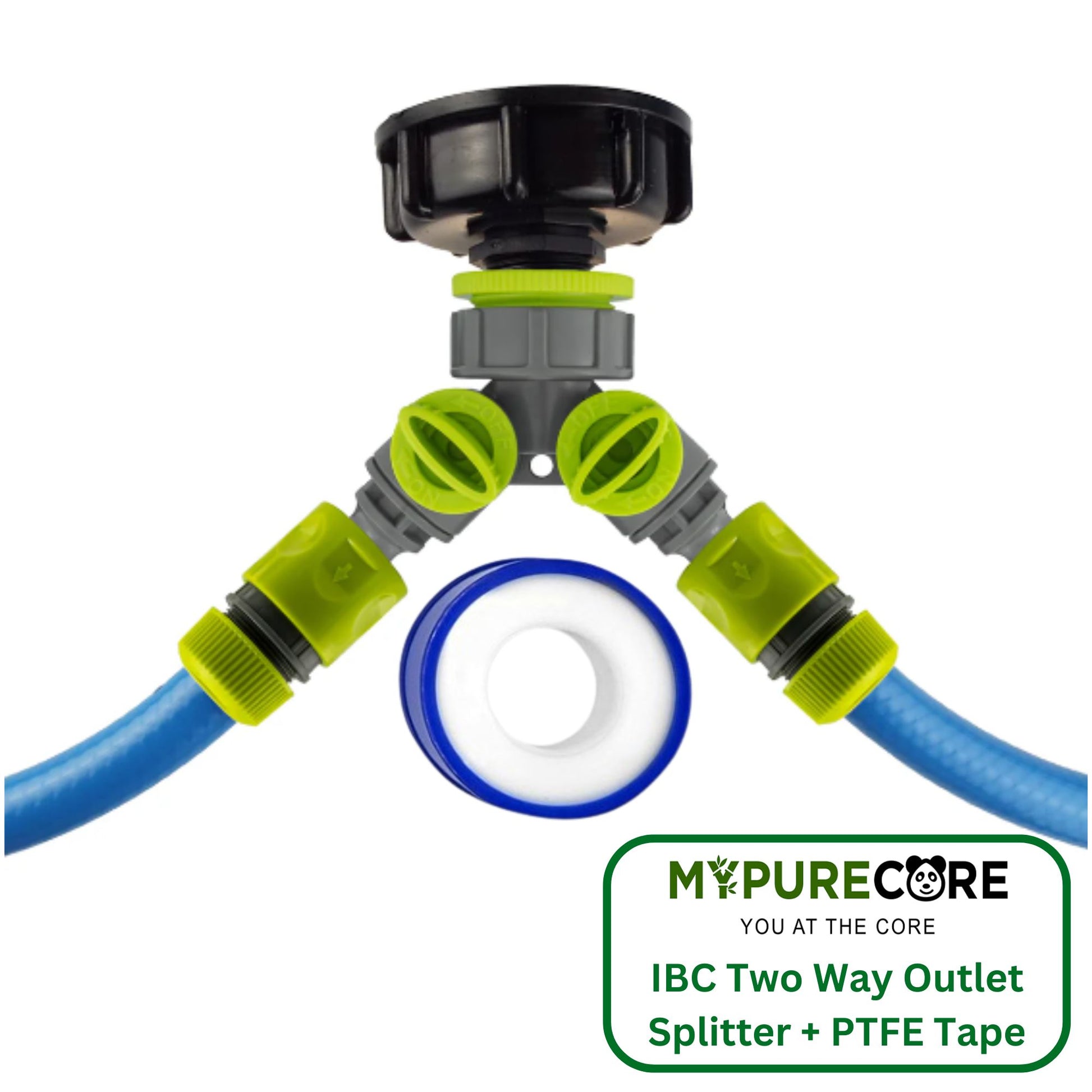 IBC 2” S60X6 Cap with Two Way Valved Splitter and Hose Connectors and PTFE Tape Durable Leak-Proof Kit
