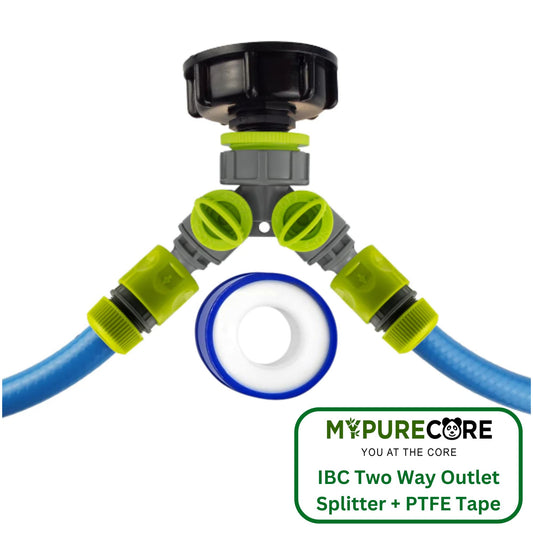 IBC 2” S60X6 Cap with Two Way Valved Splitter and Hose Connectors and PTFE Tape Durable Leak-Proof Kit