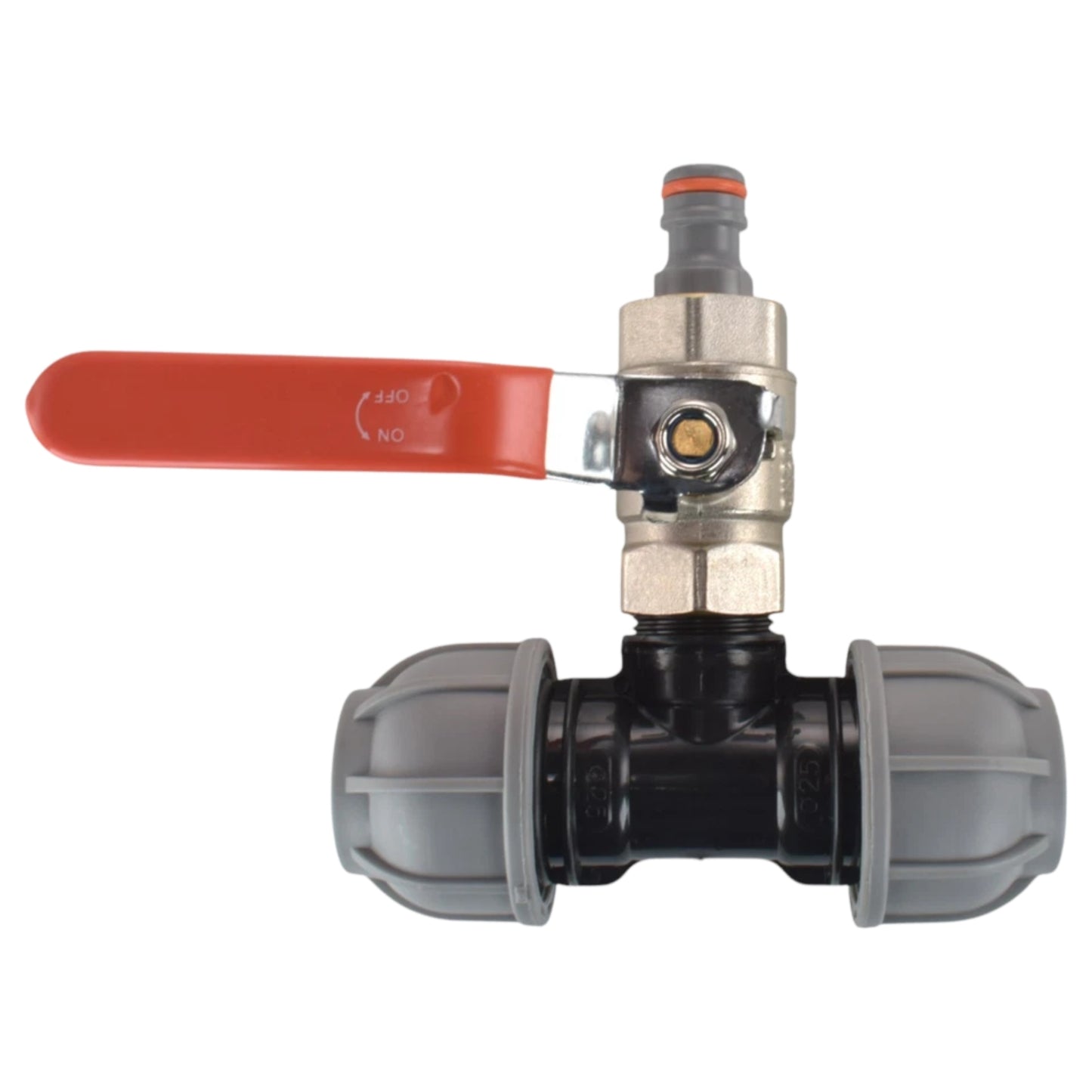 MDPE Tee-Off with Full Flow Metal Valve & Universal Hose Connector – 20mm / 25mm / 32mm