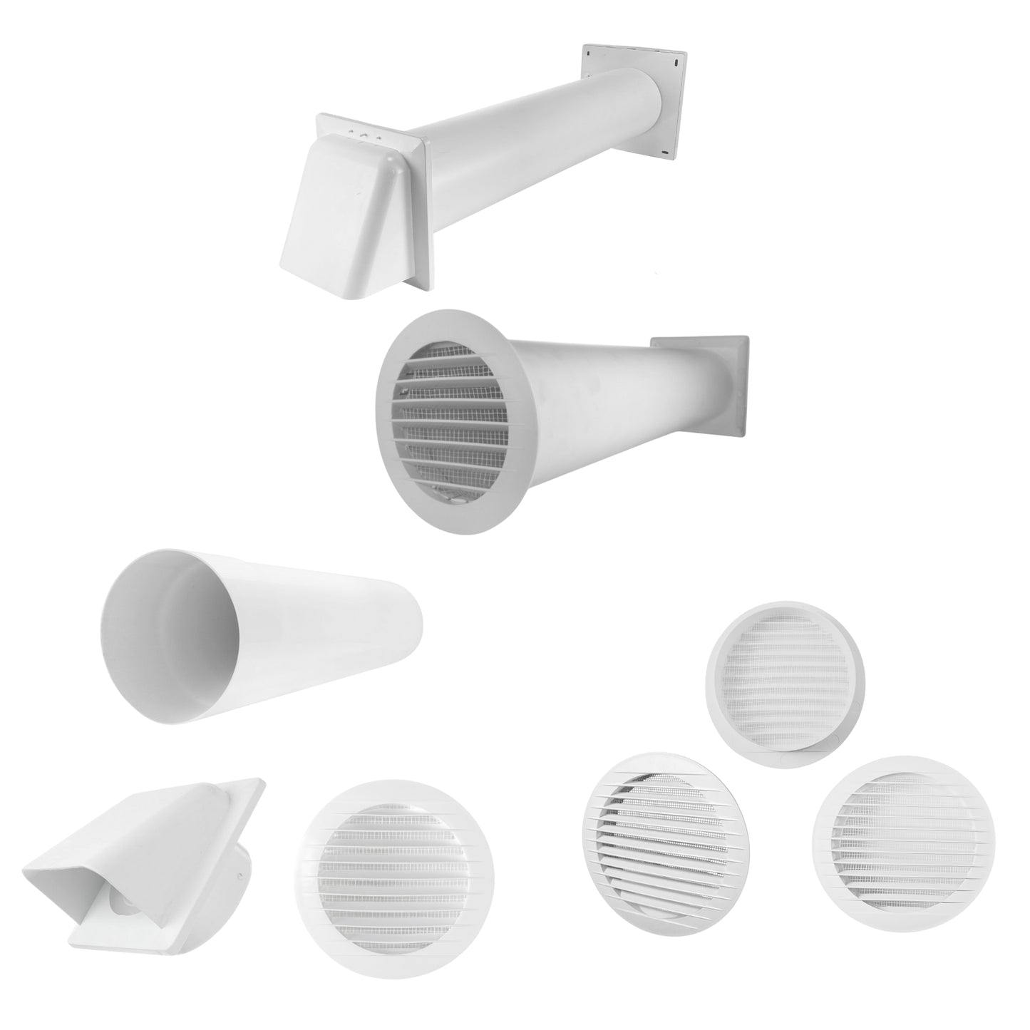 Through Wall Ventilation Kit – Round Louvre Vent with Fly Mesh, 50cm Rigid Duct Pipe & White External Hooded Cover with Damper – Durable Wall Air Vent for Bathroom, Kitchen & Home Use