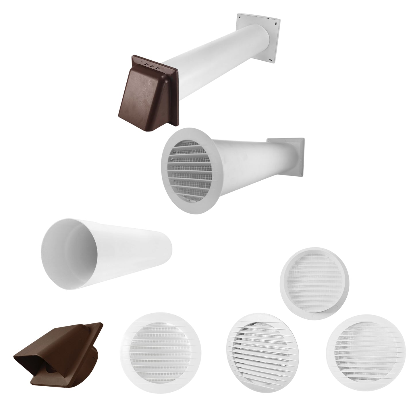 Through Wall Ventilation Kit – Round Louvre Vent with Fly Mesh, 50cm Rigid Duct Pipe & White External Hooded Cover with Damper – Durable Wall Air Vent for Bathroom, Kitchen & Home Use