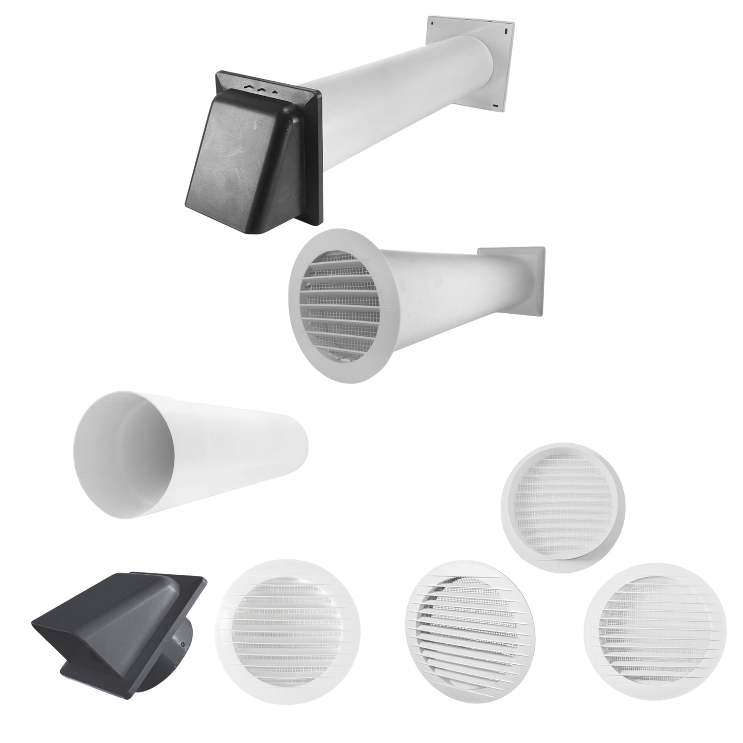 Through Wall Ventilation Kit – Round Louvre Vent with Fly Mesh, 50cm Rigid Duct Pipe & White External Hooded Cover with Damper – Durable Wall Air Vent for Bathroom, Kitchen & Home Use
