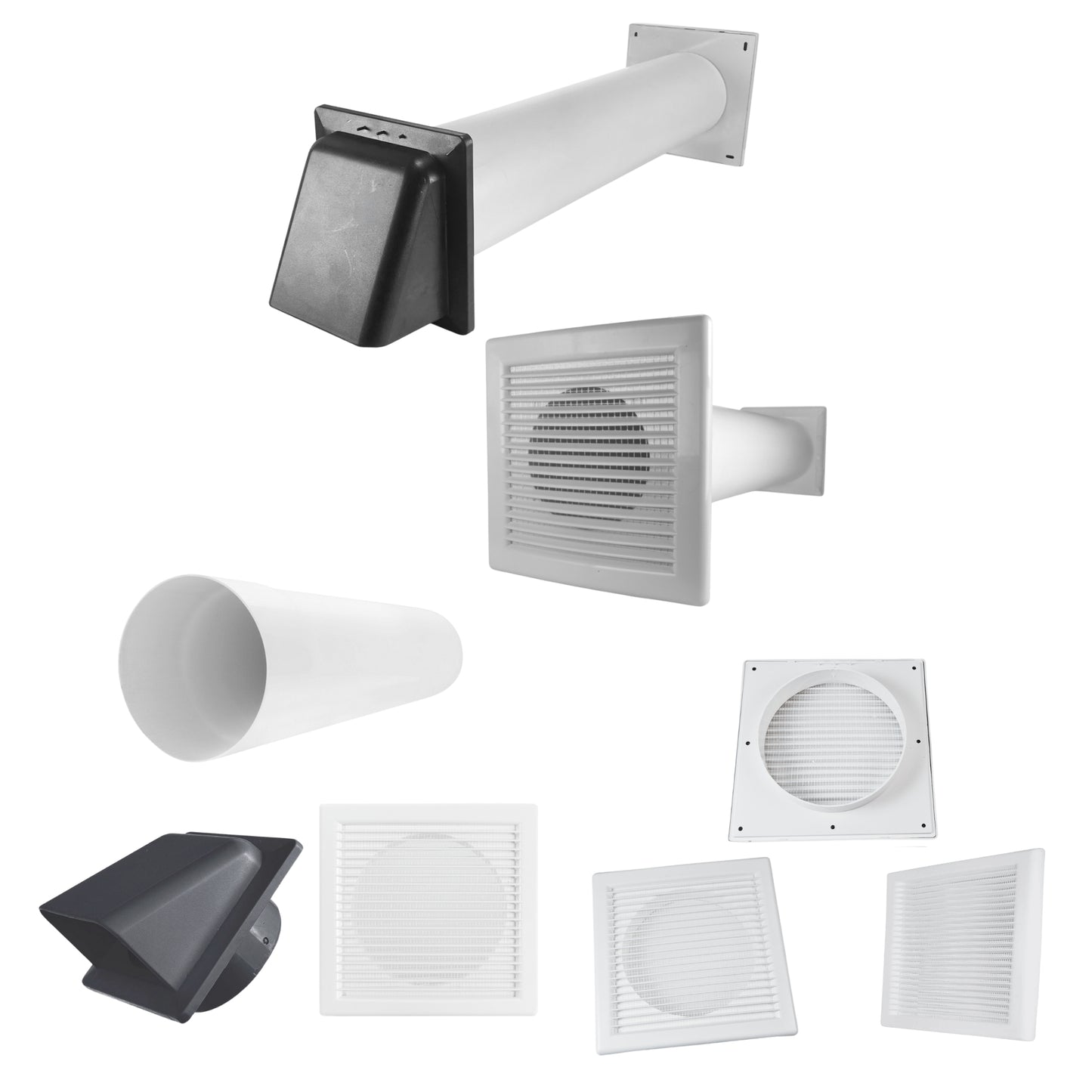 Through Wall Ventilation Kit – Louvre Vent with Fly Mesh, External Vent with Damper & 50cm Rigid Duct Pipe – Air Vent Cover for Bathroom, Kitchen, Home & Commercial Use