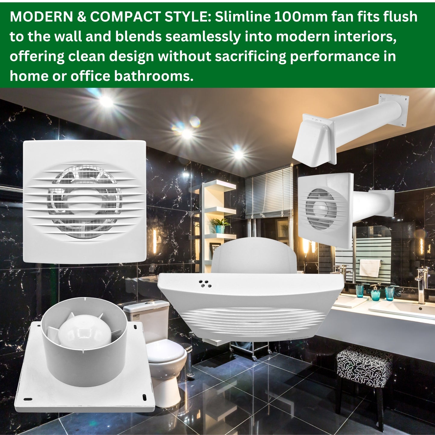 Through Wall Bathroom Ventilation Kit – 100mm Extractor Fan with Timer, Humidistat, 50cm PVC Duct & Louvre Vent – Quiet Ventilation for Toilet, Kitchen, Home & Office
