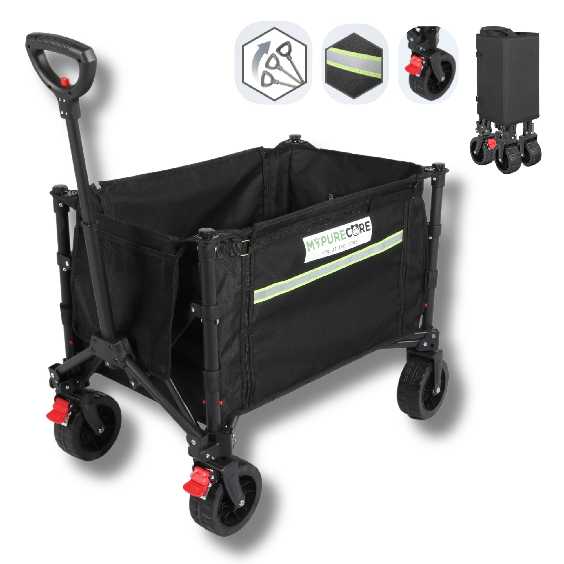 Heavy Duty Foldable Wagon Trolley with Wider Wheels & Brake – 120L Festival, Beach, Camping Cart for Kids, Dogs & Gardening – Collapsible Garden Pull Trolley, 100kg Load Capacity