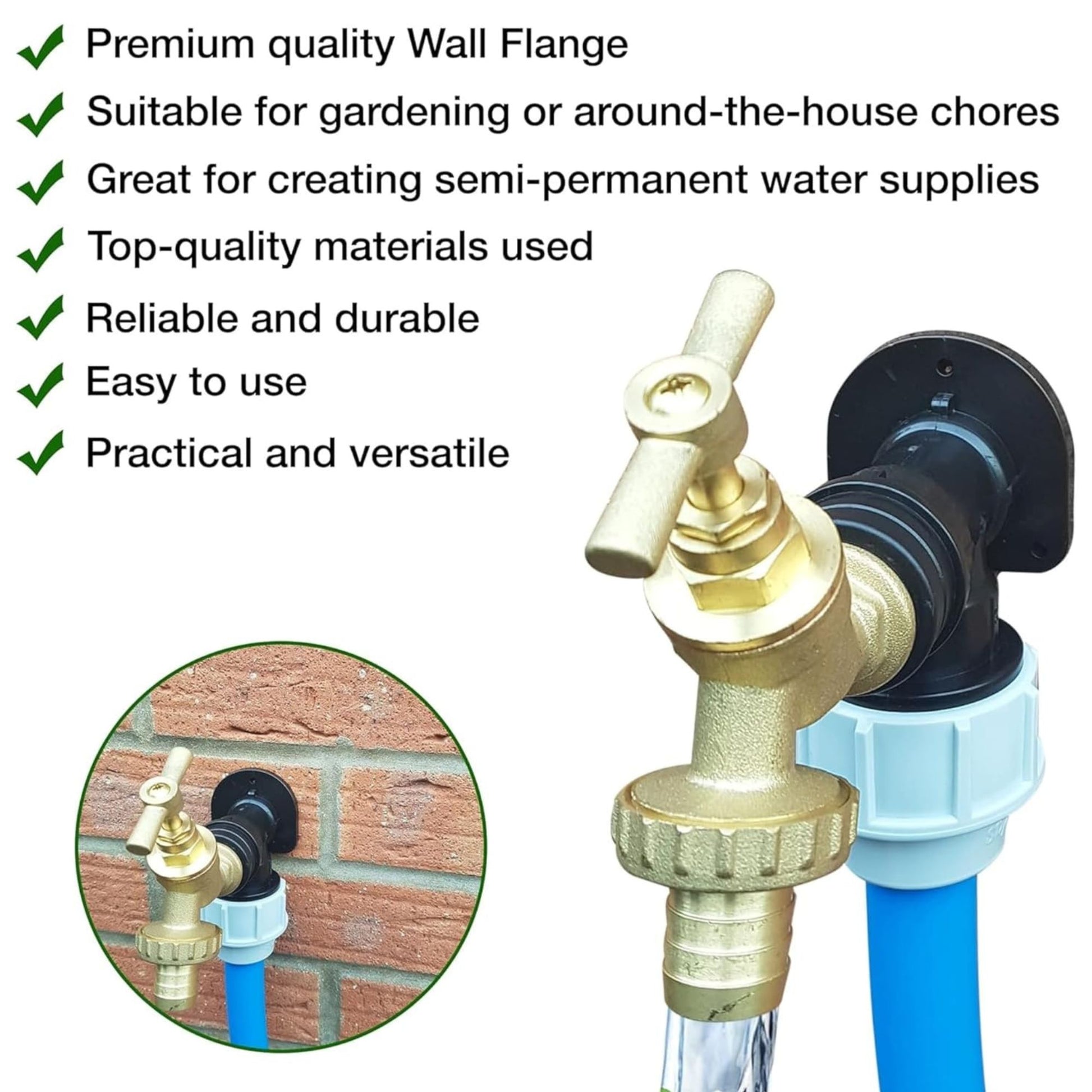 MDPE Wall Flange Kit 25mm with ¾” Brass Outdoor Garden Tap with Hose Barb Fitting & PTFE Tape - Easy Install Water Tap Connector for Irrigation, Farm, Garden, Home Use