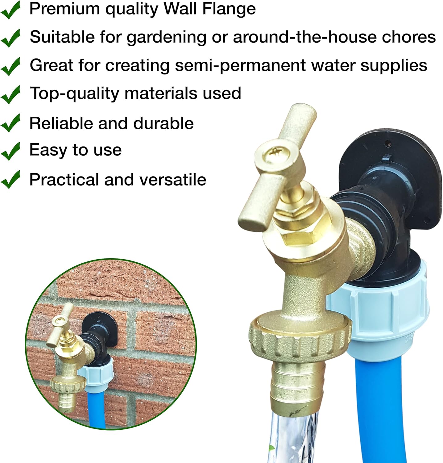 20mm MDPE Wall Flange Kit 3/4" Brass Garden Tap + Click-Lock Hose Fitting PTFE