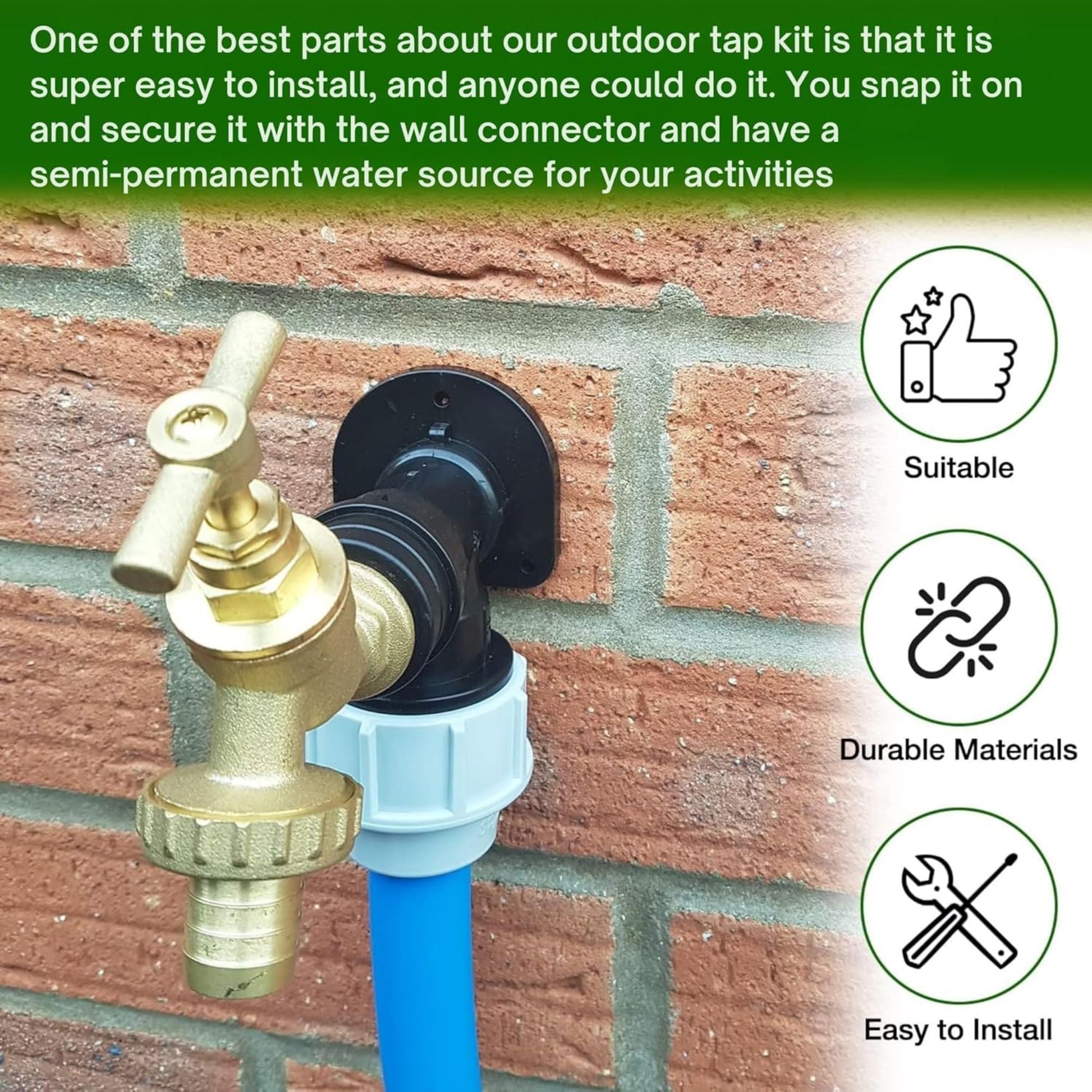 MDPE Wall Flange Kit 25mm with ¾” Brass Outdoor Garden Tap with Hose Barb Fitting & PTFE Tape - Easy Install Water Tap Connector for Irrigation, Farm, Garden, Home Use