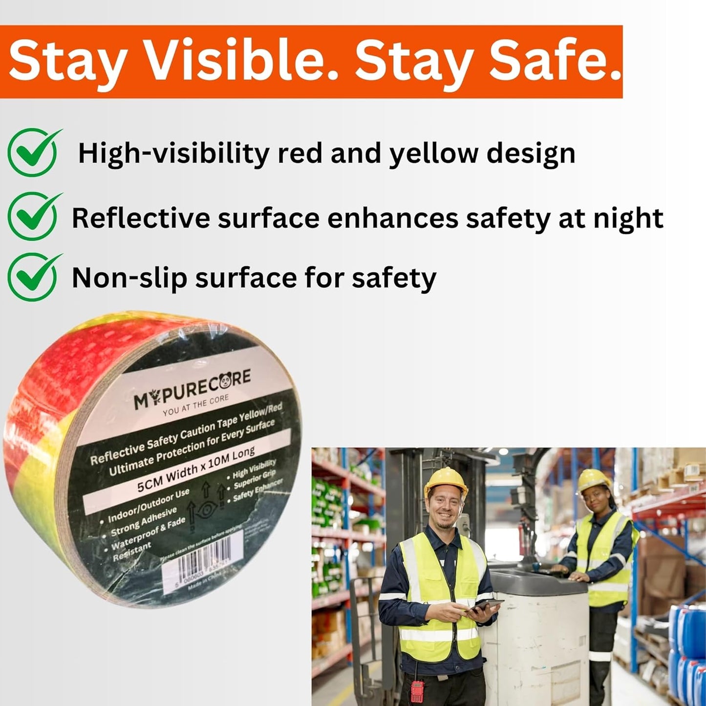 Reflective Safety Tape Red Yellow 5cm x 10m for Roads Parking and Machinery