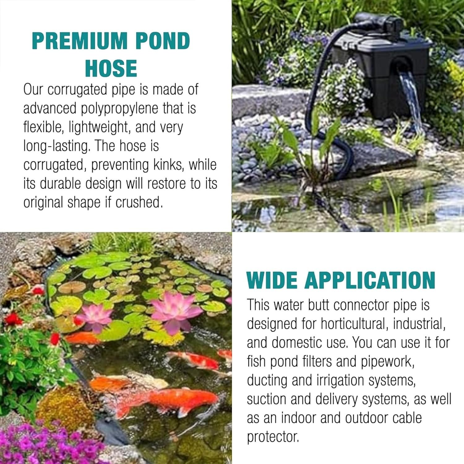 Corrugated Flexible Hose Pond Pipe 25mm / 1"– 2-Meter with Advanced Double-Wired Hose Clips for Pond Pumps, Filters, Drainage – Corrugated Water Butt Connector Pipe - Black
