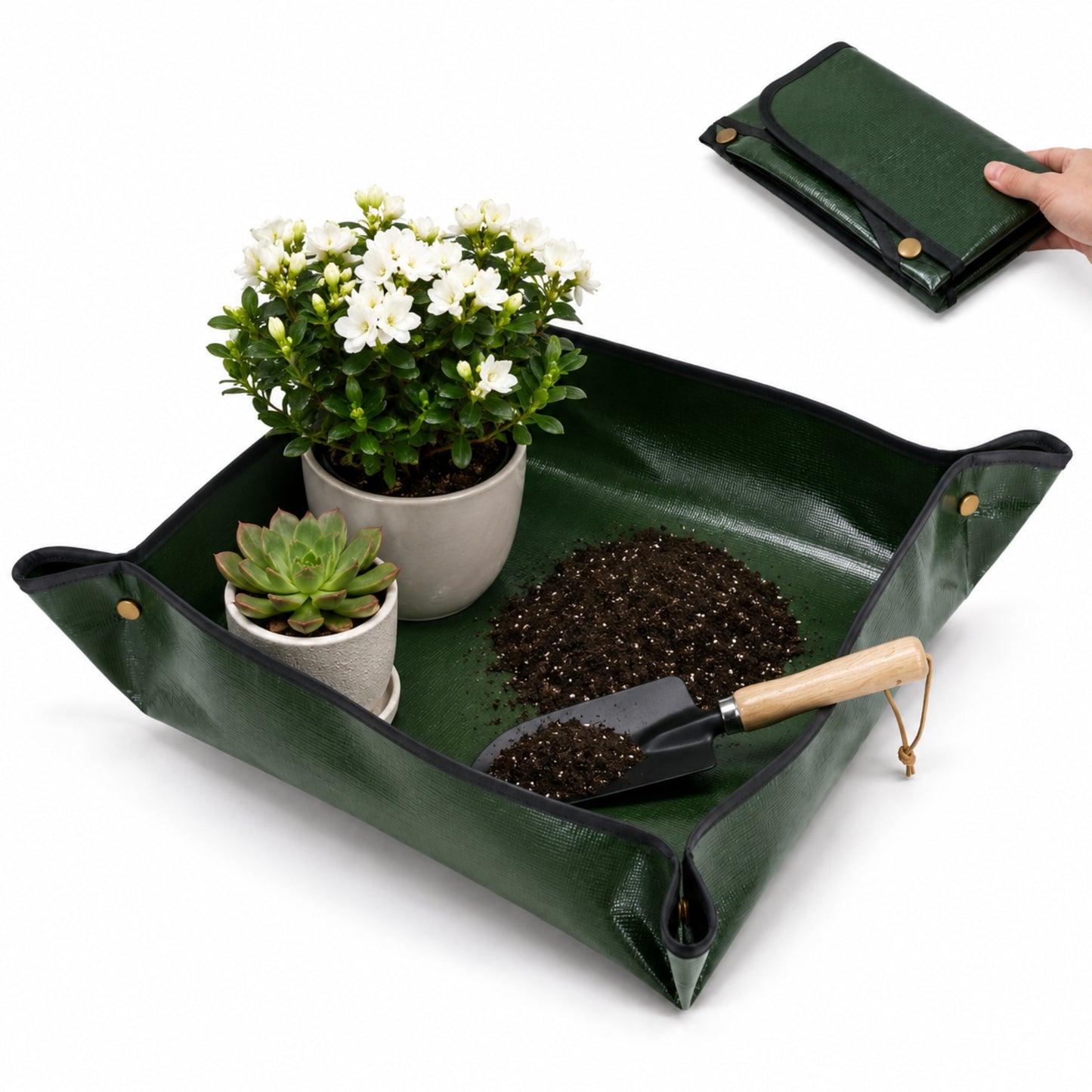 Plant Repotting Mat 100x100cm Waterproof Foldable Gardening Potting Tray with Snap Corners for Indoor Plants, Seedlings, Soil Mixing & Balcony Gardening