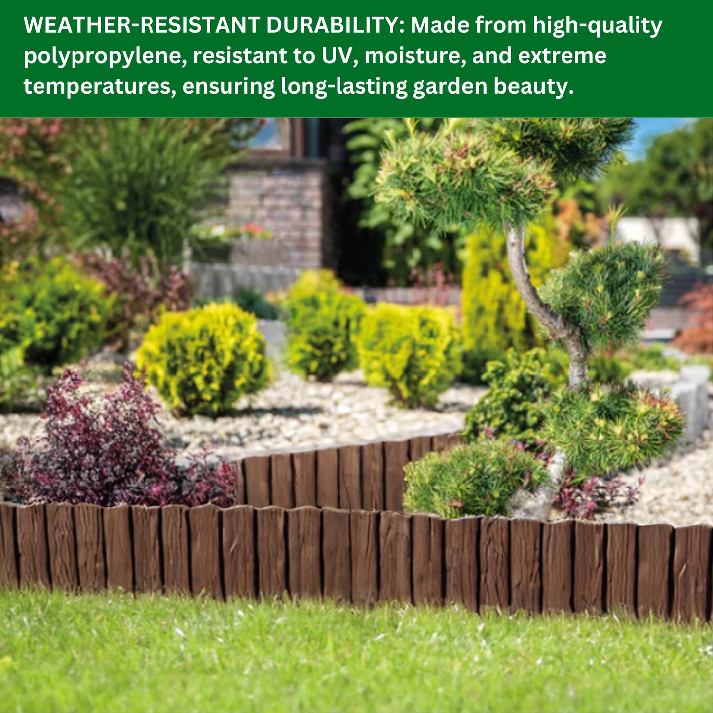 Black Wood Effect Lawn Edging 2.3m - Flexible Plastic Garden Border for Flower Beds & Paths | Weather-Resistant & Recyclable Palisade | Easy Install Edging for Grass, Gravel & Landscape