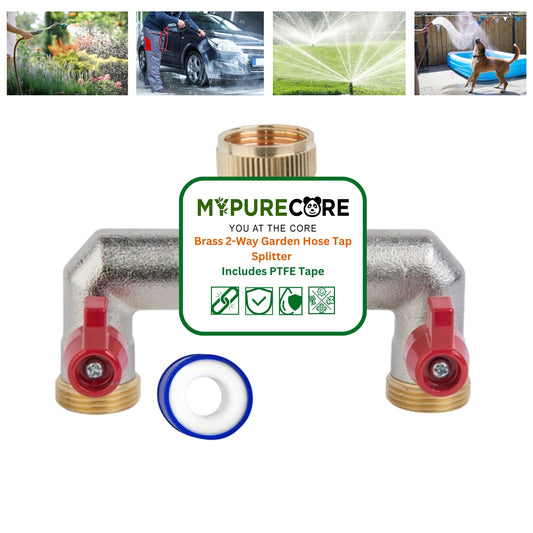 Brass 2-Way Garden Hose Tap Splitter with PTFE Tape – Durable 3/4" Outdoor Tap Connector with Individual Valves