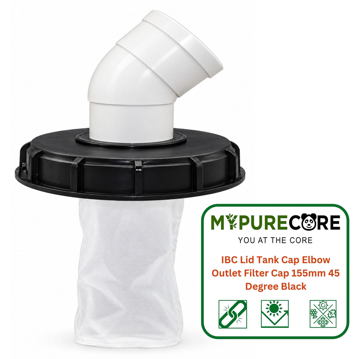 IBC Lid Tank Cap Elbow Outlet Filter Cap 155mm 45 Degree Black