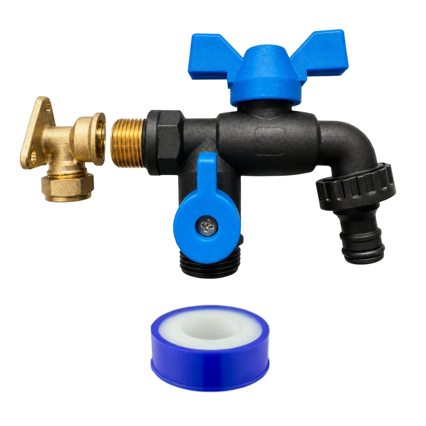 Brass 15mm Wall Flange Kit for Copper Pipe with Garden Tap Options, 1/2" BSP Connection & PTFE Tape – Outdoor Water Tap Fitting Set