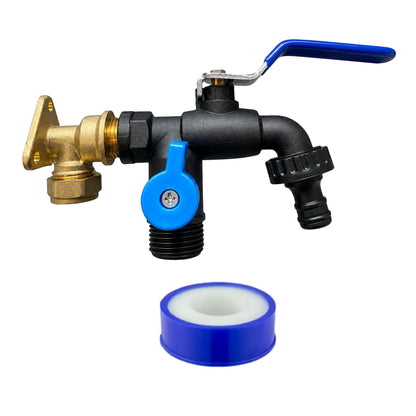 Brass 15mm Wall Flange Kit for Copper Pipe with Garden Tap Options, 1/2" BSP Connection & PTFE Tape – Outdoor Water Tap Fitting Set