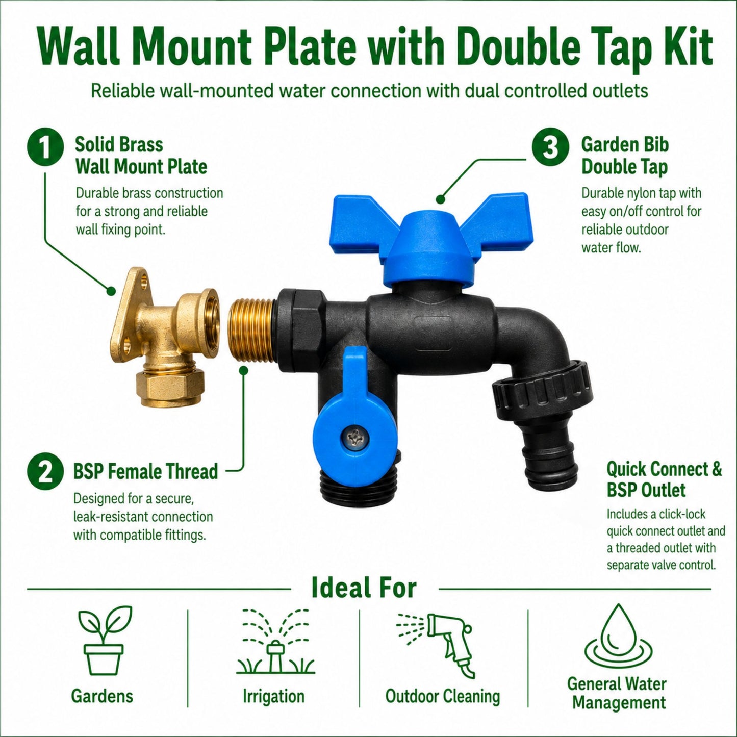 Brass 15mm Wall Flange Kit for Copper Pipe with Garden Tap Options, 1/2" BSP Connection & PTFE Tape – Outdoor Water Tap Fitting Set