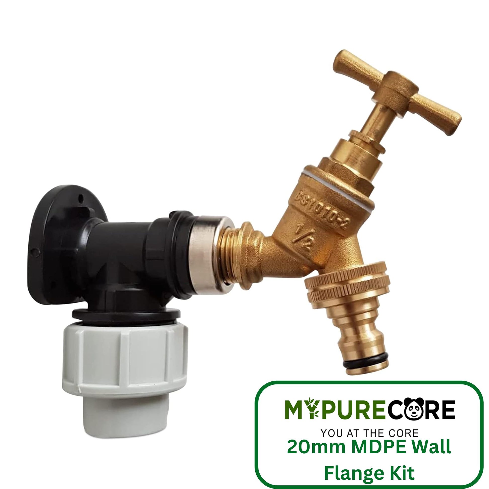 20mm MDPE Wall Flange Kit – Wall Plate Elbow ½ Brass Garden Tap with Click-Lock Hose Fitting and PTFE Tape