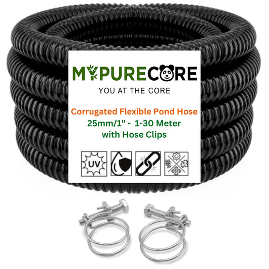 MYPURECORE 25mm/1" Corrugated Flexible Pond Hose Pipe Black PVC Water Tubing with Double-Wired Clips - for Pond Pumps, Filters, Waterfalls, Fountains & Drainage - Multiple Lengths