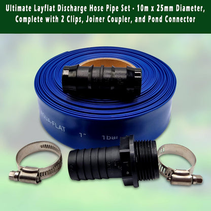 Ultimate Layflat Discharge Hose Pipe Set - 10m x 25mm Diameter, Complete with 2 Clips, Joiner Coupler, and Pond Connector for use with Submersible & Other Water Pumps
