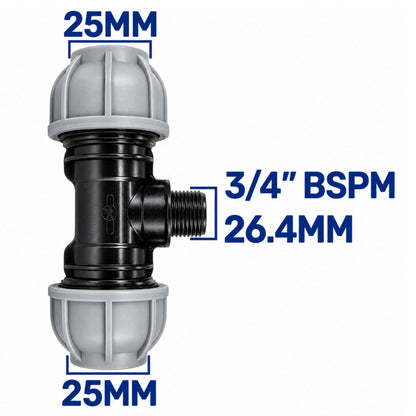MDPE Tee Connector with Brass Butterfly Valve Compression Pipe Fitting Kit 20mm 25mm