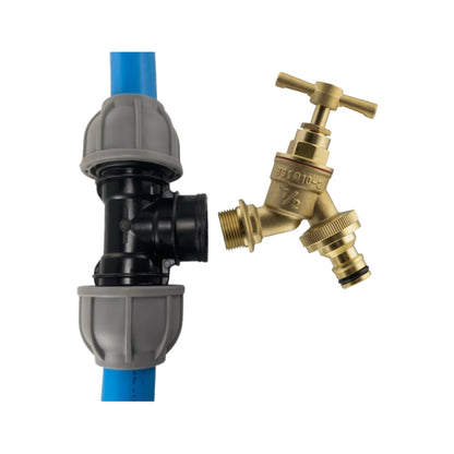 MDPE Tee with Brass Bib Tap – Fits 20mm, 25mm, 32mm Pipe – Click or Barbed Hose Outlet