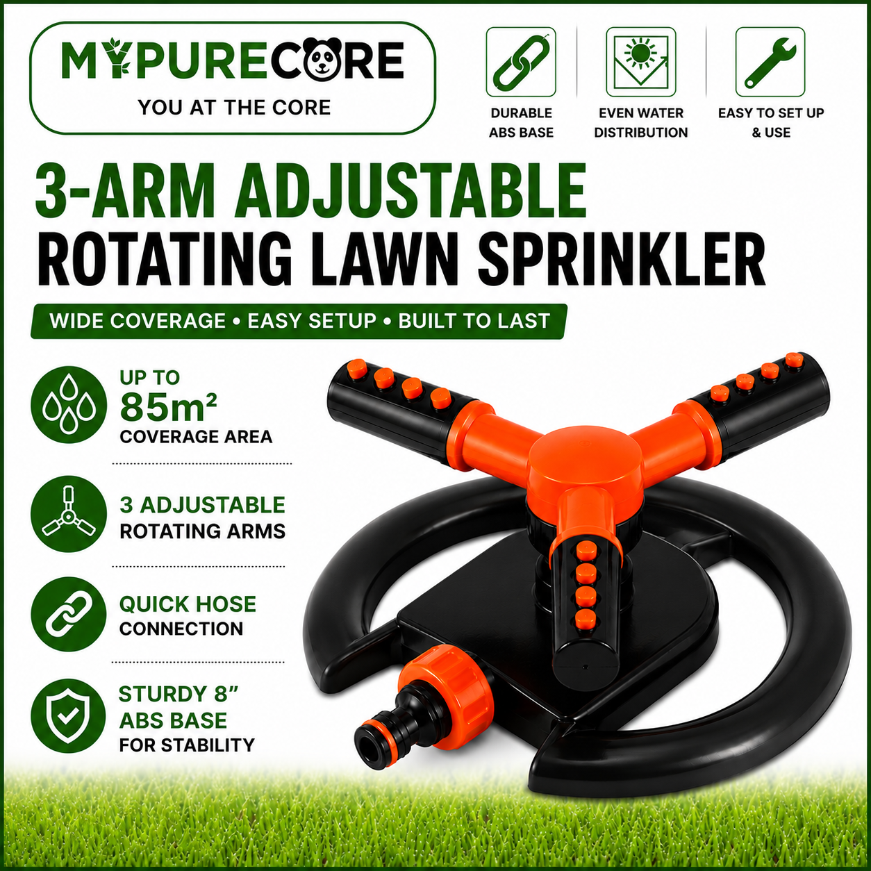 Lawn Sprinkler 3-Arm Adjustable Rotating – Garden Water Sprayer for Lawns, Flower Beds & Vegetable Patches – Wide Coverage Outdoor Irrigation Sprinkle