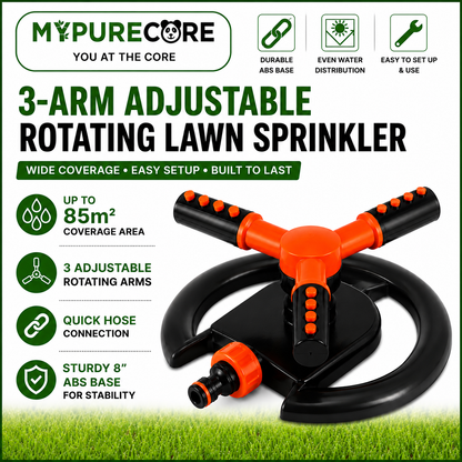 Lawn Sprinkler 3-Arm Adjustable Rotating – Garden Water Sprayer for Lawns, Flower Beds & Vegetable Patches – Wide Coverage Outdoor Irrigation Sprinkle