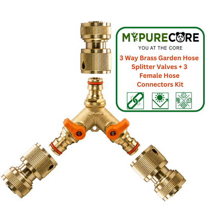 3 Way Brass Garden Hose Splitter with Valves & 3 Female Quick Connect Hose Fittings Kit