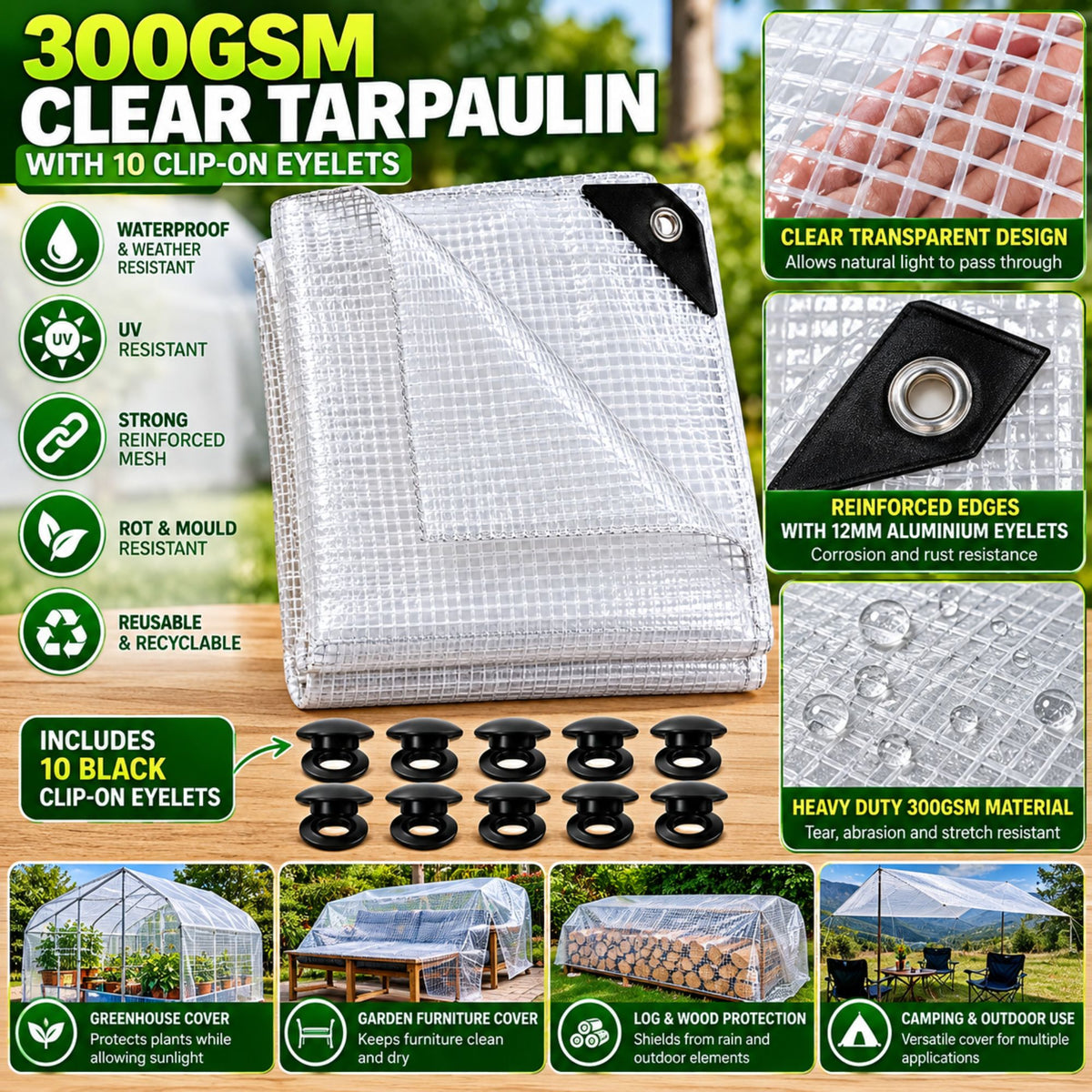 Clear Tarpaulin 300GSM Heavy Duty Waterproof Sheet + 10 Clip On Eyelets