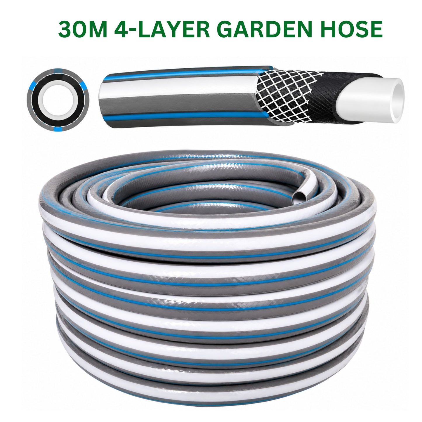 Hose Reel Cart with 30m Blue/Gray Garden Hose Pipe Watering Kit – Portable Wheeled Hose Trolley with Spray Nozzle, Connectors & Outdoor Irrigation Set
