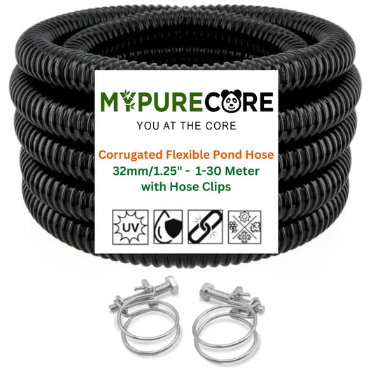 MYPURECORE 32mm/1.25" Corrugated Flexible Pond Hose Pipe Black PVC Water Tubing with Double-Wired Clips for Pond Pumps, Filters, Waterfalls, Fountains, Drainage - Multiple Lengths