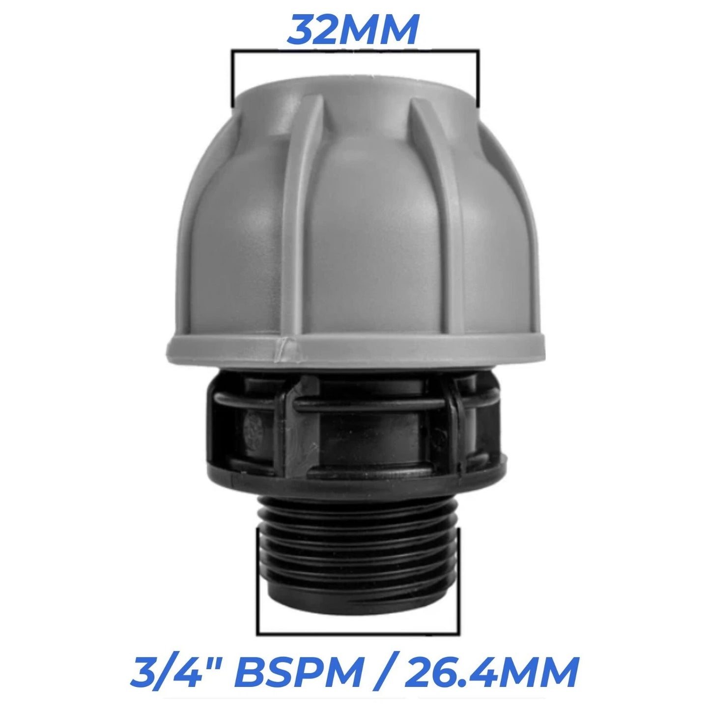 Water Butt Connector Kit 3/4" BSP with Full Flow PP Ball Valve & MDPE Straight Compression Fitting 20mm 25mm 32mm for Rainwater Tanks & Irrigation