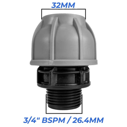 Water Butt Connector Kit 3/4" BSP with Full Flow PP Ball Valve & MDPE Straight Compression Fitting 20mm 25mm 32mm for Rainwater Tanks & Irrigation