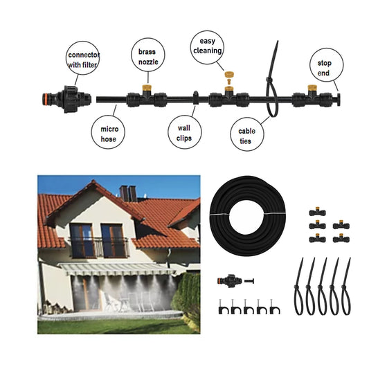 15m Garden Water Mist Cooling System Kit – Patio Misting Hose w/ Brass Nozzles