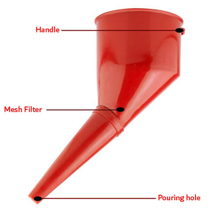 Red Angled Fuel Funnel – With fine mesh filter for easy refilling – Antistatic Lightweight Funnel – Practical and Versatile – Angled design that holds itself.
