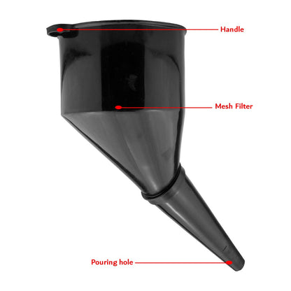 Black Angled Fuel Funnel – With fine mesh filter for easy refilling – Antistatic Lightweight Funnel – Practical and Versatile