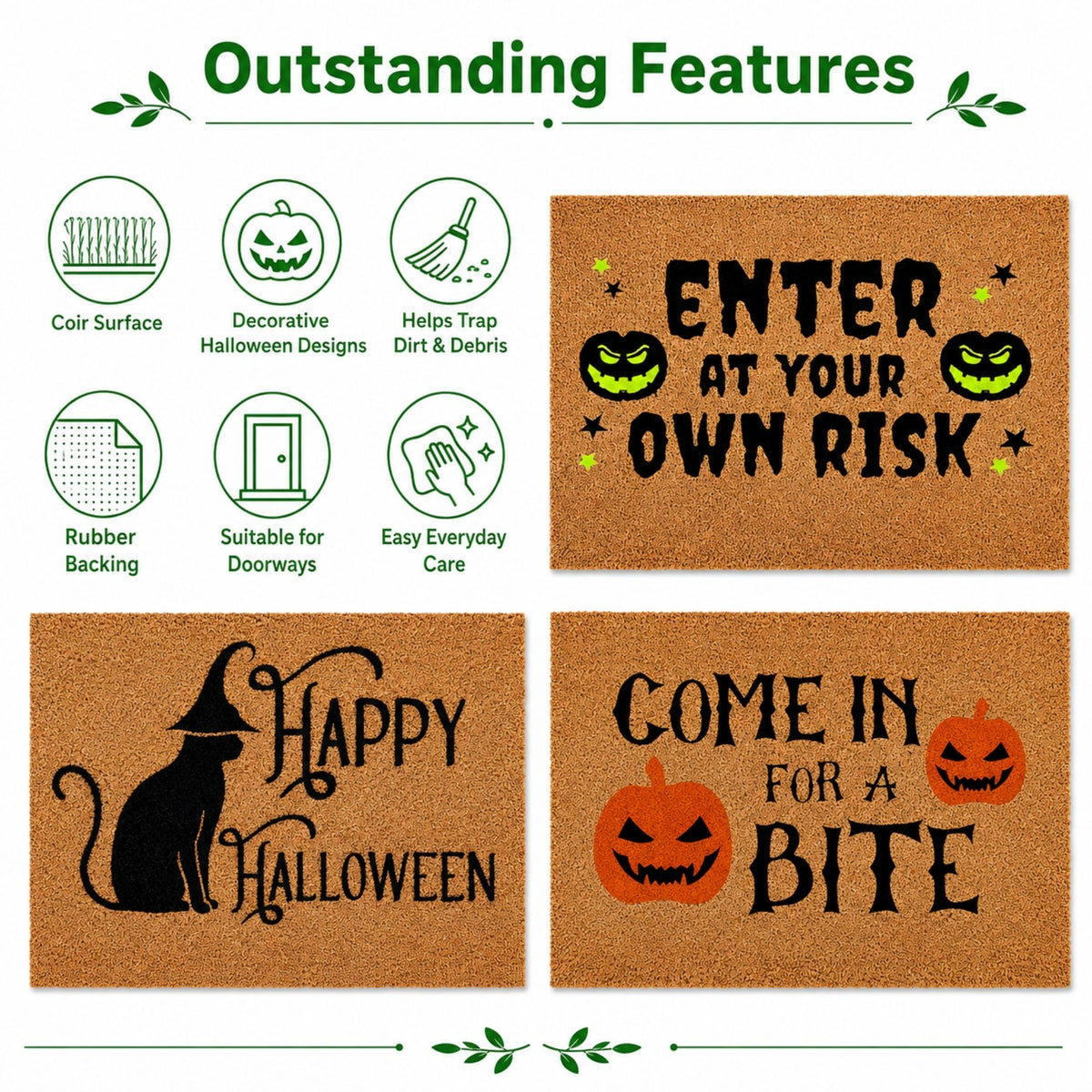 Halloween Coir Door Mat – Non-Slip, Absorbent, Eco-Friendly – 3 Spooky Designs