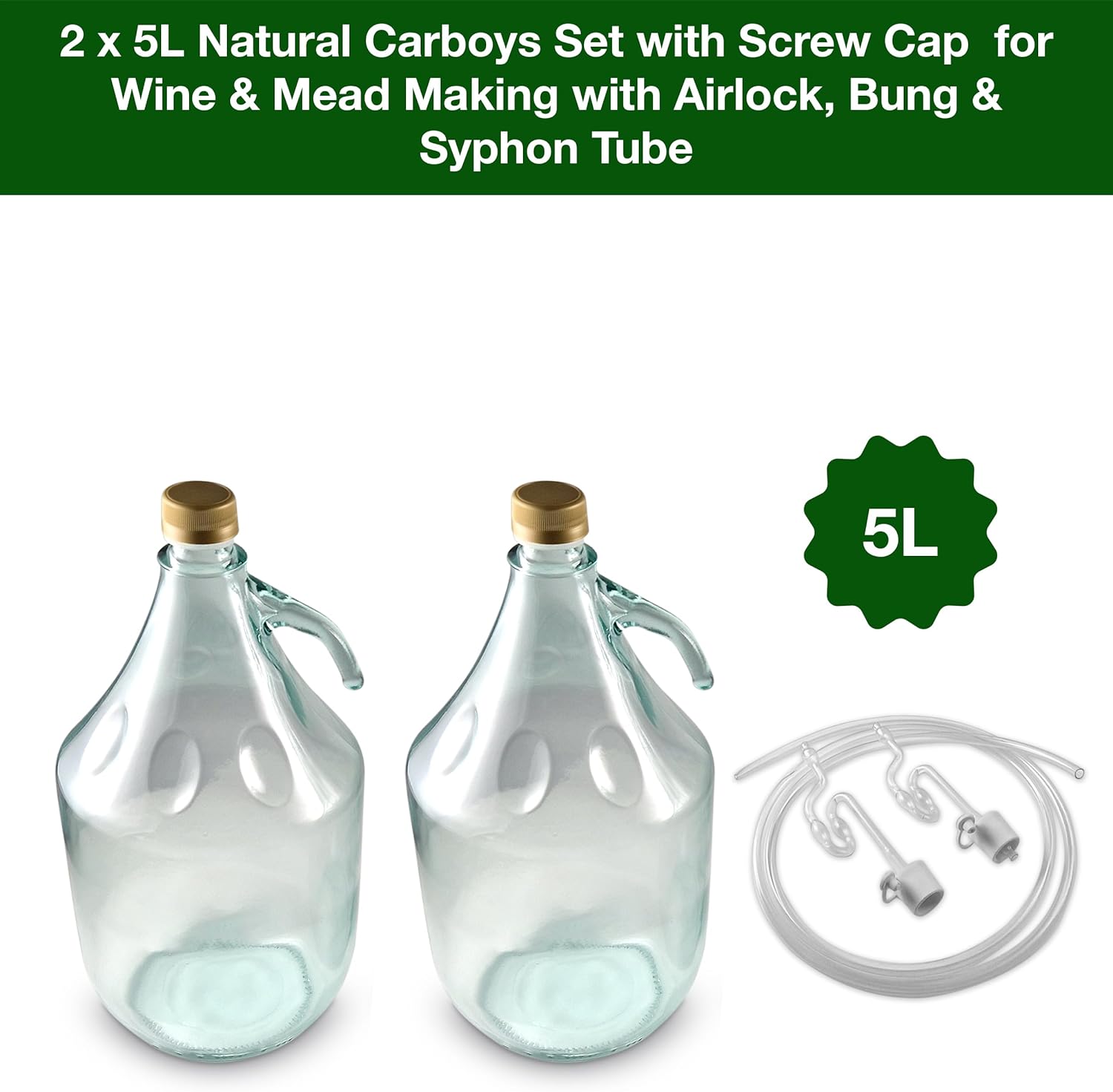 Glass Demijohn Set with Screw Cap - 2 x 5L Natural Carboys for Wine & Mead Making Kit with Airlock, Bung - Complete Demijohns Wine Making Kit, Including Syphon Tube