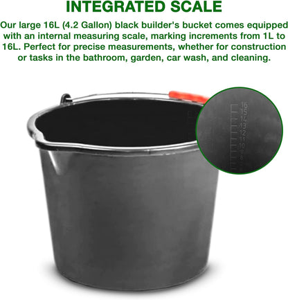 Set of 4 Large 16L (4.2 Gallon) Black Plastic Buckets with Handles - Sturdy Multipurpose Containers with Measuring Scale