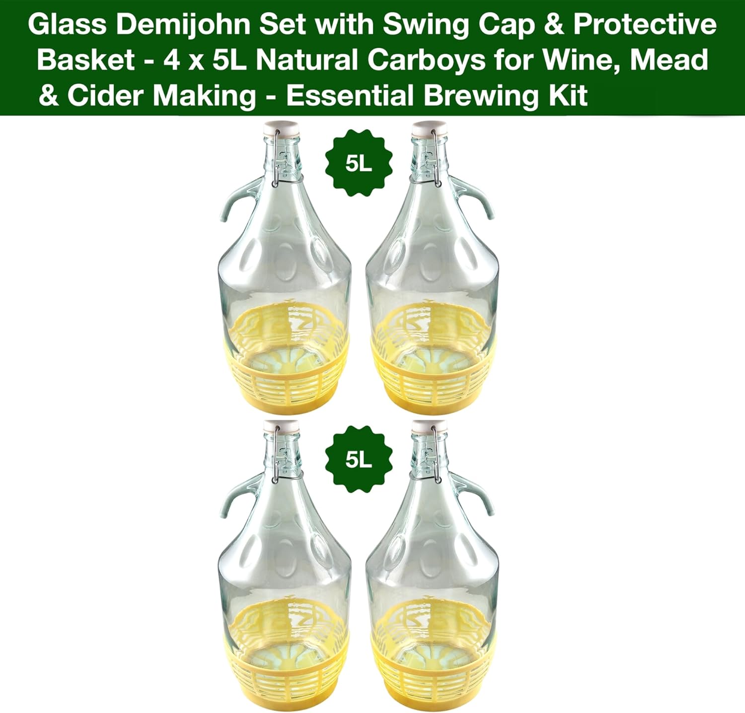 Glass Demijohn Set with Swing Cap & Protective Basket - 4 x 5L Natural Carboys for Wine, Mead & Cider Making - Essential Brewing Kit Without Accessories