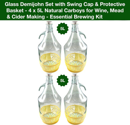 Glass Demijohn Set with Swing Cap & Protective Basket - 4 x 5L Natural Carboys for Wine, Mead & Cider Making - Essential Brewing Kit Without Accessories