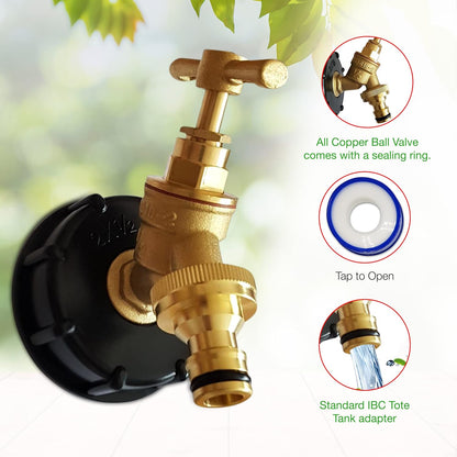 IBC Tank Adapter Hose Connector – S60X6 Brass Garden Tap with Click-Lock Hose Fitting – Heavy Duty Coarse Thread PTFE Tape Included – Easy Installation – Snap On Male Outlet