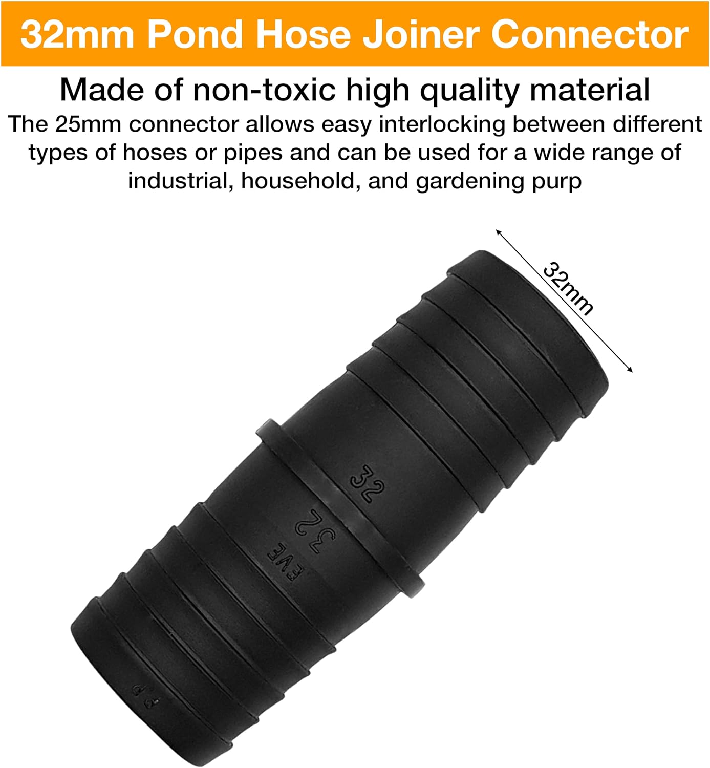 Hose Pipe Connector Set – 32mm Pond Hose Connector with 2 Wire Hose Clips – Pond Hose Pipe Joiner – Adjustable Hose Clamps with Screw Fitting for Standard 32-36mm Diameter Size