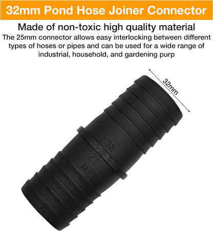 Hose Pipe Connector Set – 32mm Pond Hose Connector with 2 Wire Hose Clips – Pond Hose Pipe Joiner – Adjustable Hose Clamps with Screw Fitting for Standard 32-36mm Diameter Size